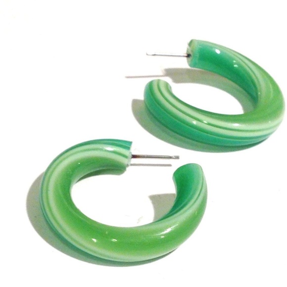Leetie Lovendale Jewelry - Green Striped Vintage Lucite Tube Hoop Earrings